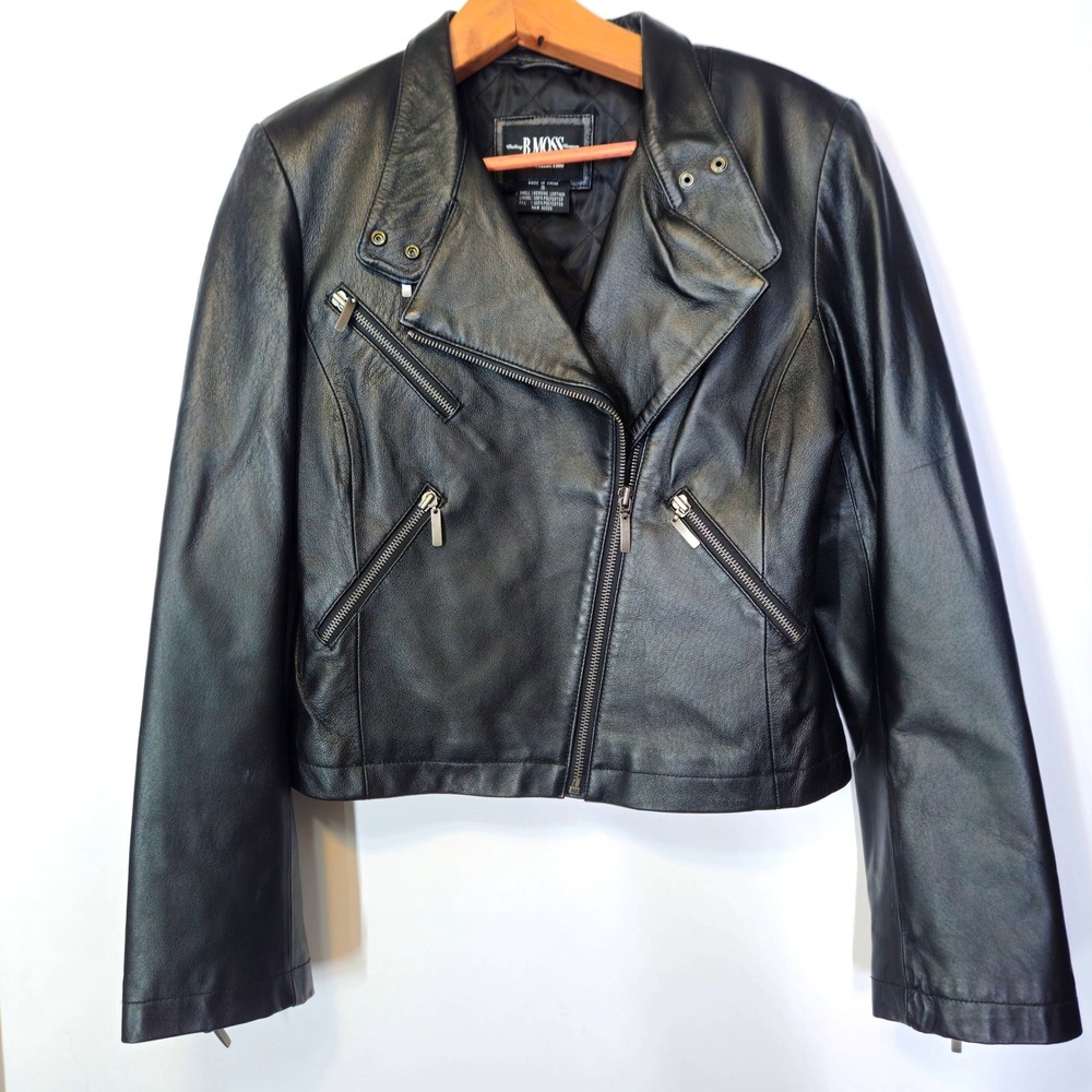 Vtg B. Moss Womens Black Genuine Leather Moto Biker Jacket Sm Asymmetrical Zip